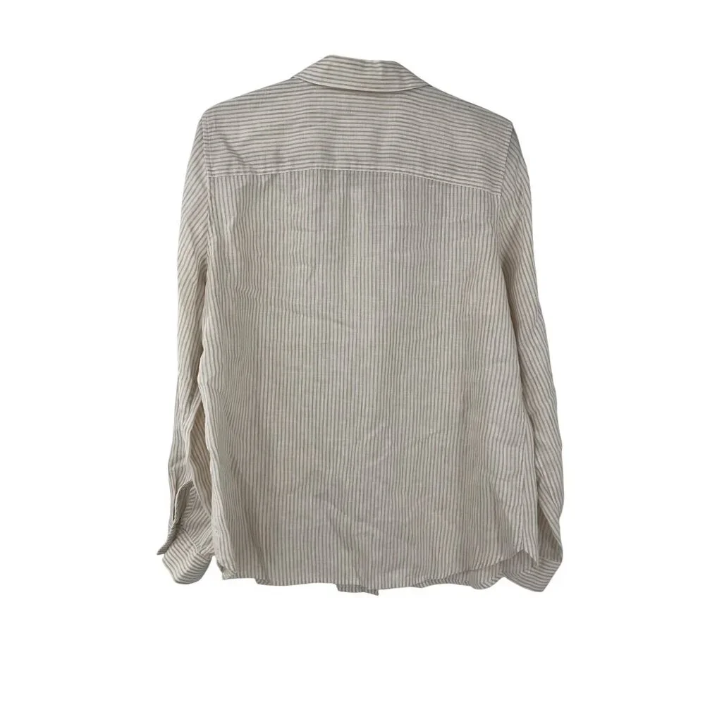Chico’s no iron 100% linen roll tab button up top shirt size 0.5 S 6 tan striped - Picture 3 of 7